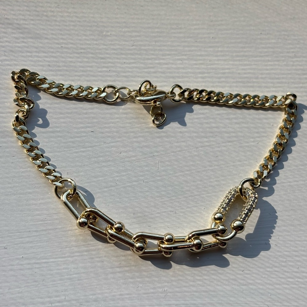 Gold Plated Mixed Chain Bracelet w/ Pavé Link ✨ Trendy Chunky Statement Jewelry - Picture 7 of 7